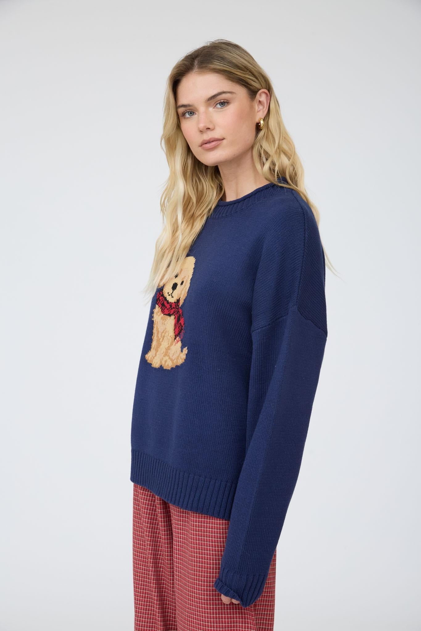 Intarsia Puppy Crew Neck Relaxed Sweater
