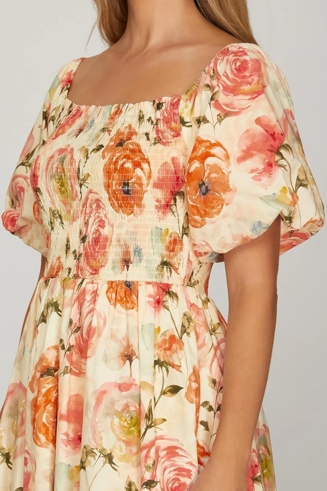 Puff Sleeve Smocked Floral Print Midi Dress