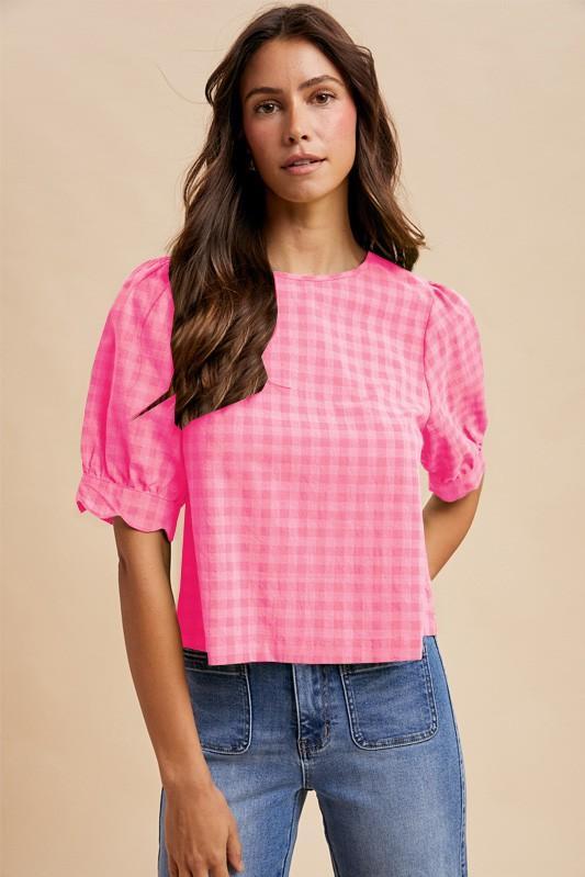 Gingham Check Scalloped Puff Sleeve Cotton Blouse