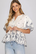 Puff Sleeve Woven Embroidery Scallop Hem Top