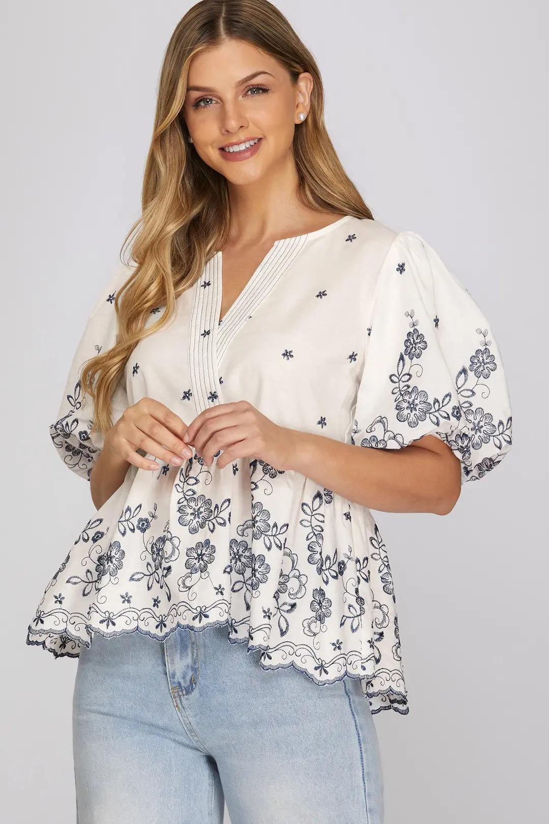Puff Sleeve Woven Embroidery Scallop Hem Top
