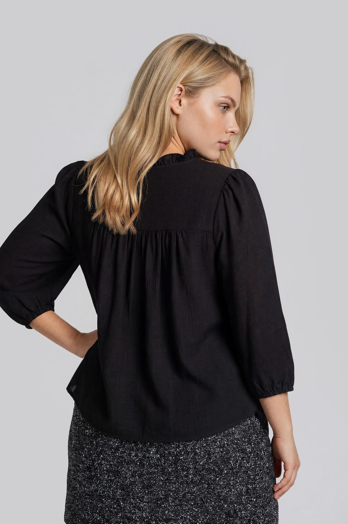 Plus Size 3/4 Sleeve Ruffle Trim Pintuck Detail Blouse