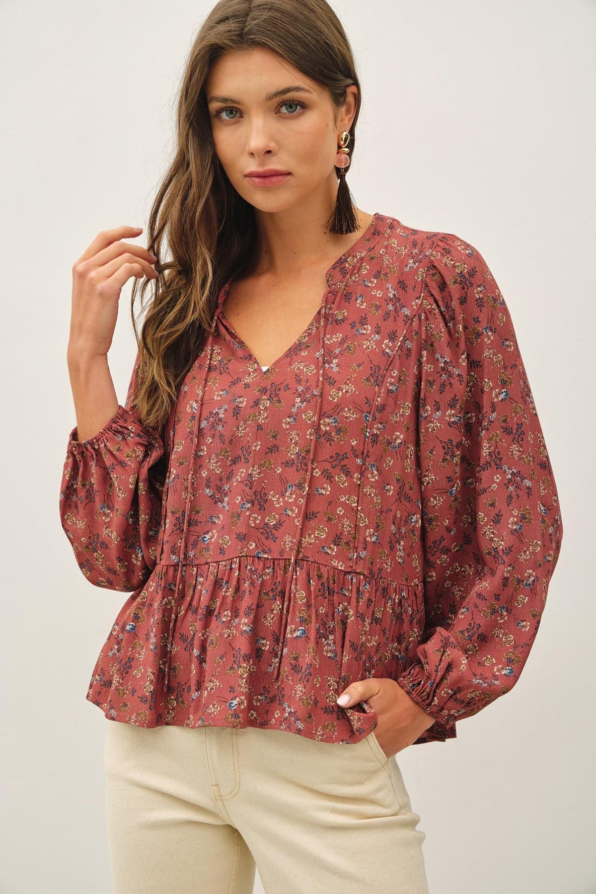 Floral Print V-Neck Chiffon Blouse Top