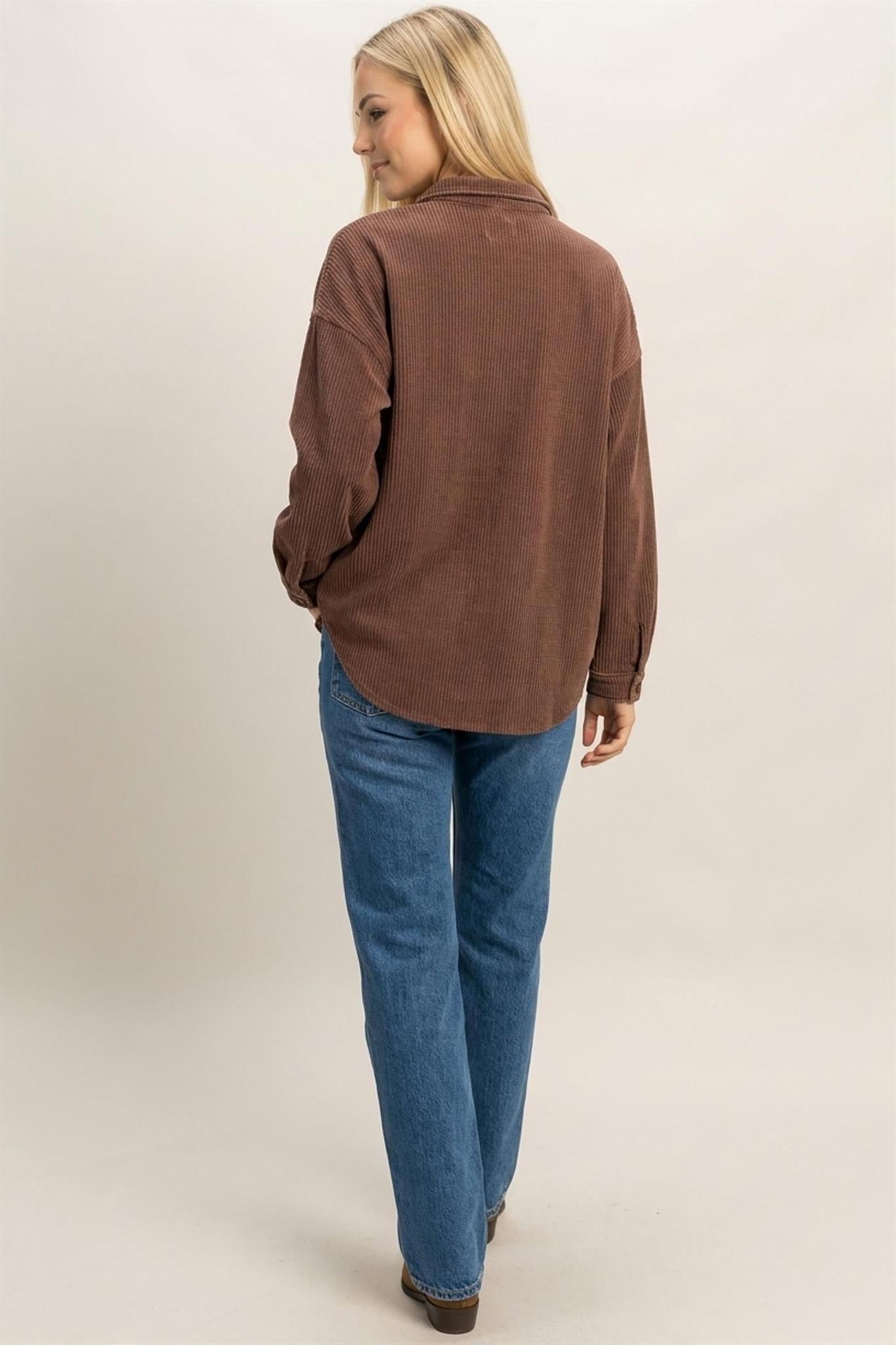 Mineral Wash Waffle Knit Button-Up Shacket