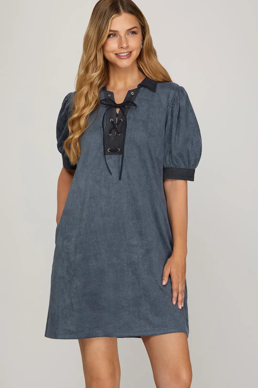 Puff Sleeve Contrast Neck Lace Up Brushed Twill Mini Dress