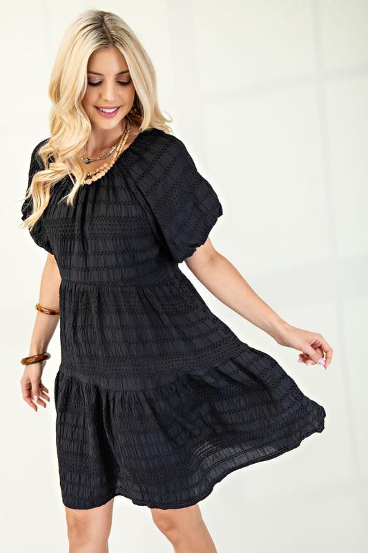 Textured Loose Fit Dress with Bow Tie Back