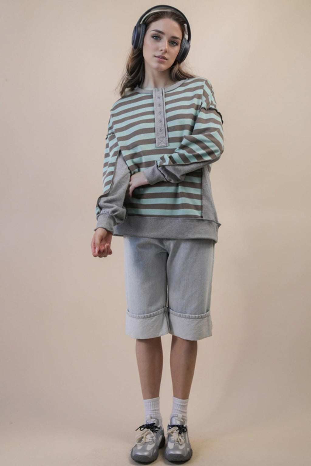 Oversized Striped Half Button Down Casual Knit Top
