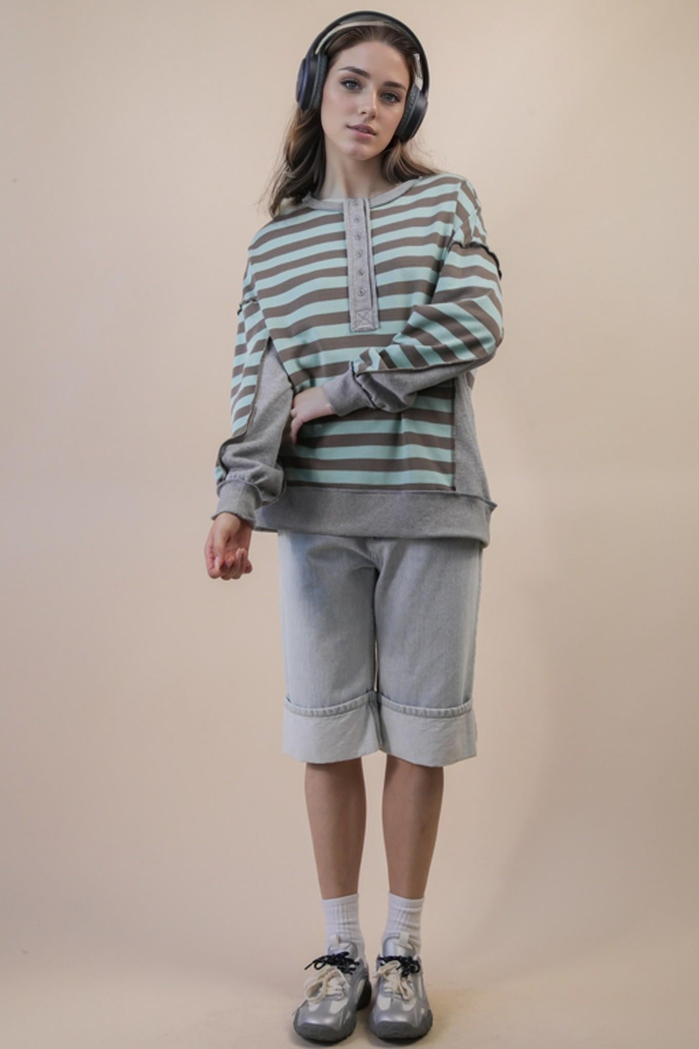 Oversized Striped Half Button Down Casual Knit Top