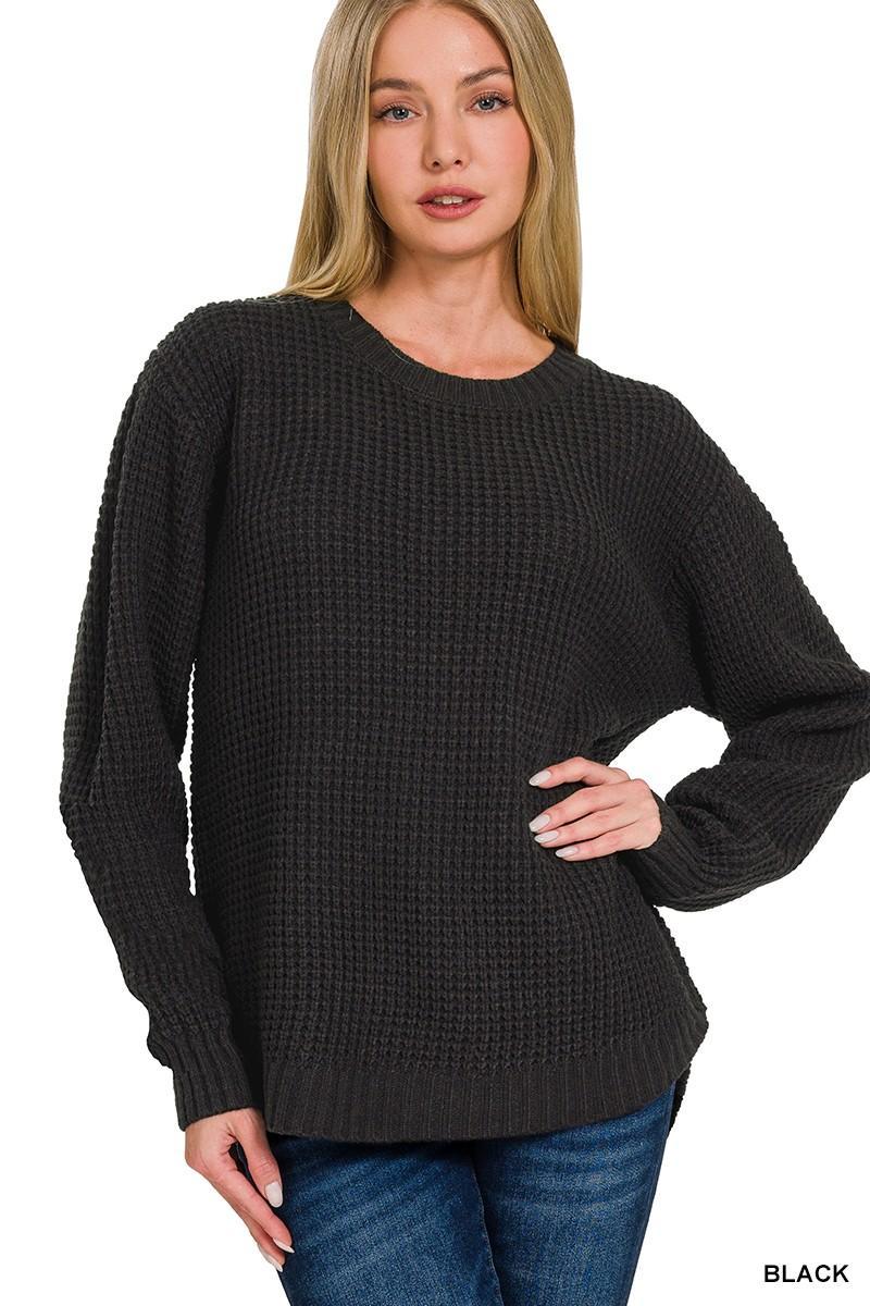 Hi-Low Long Sleeve Round Neck Waffle Sweater