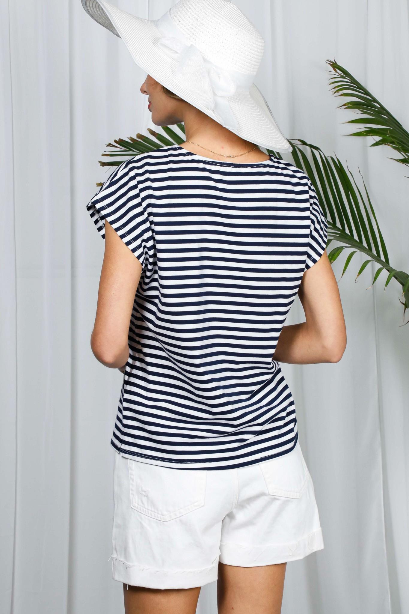 Pocket With Trim Detail Striped Top