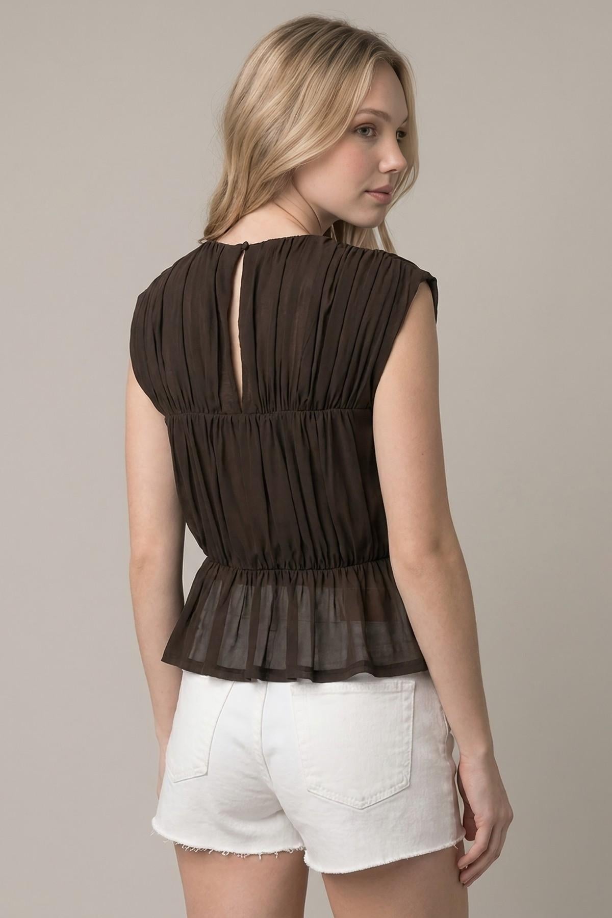 Semi Sheer Shirred Peplum Knit Top