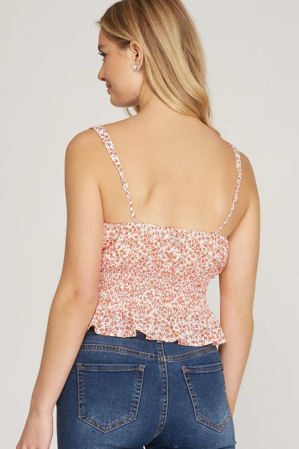 Sleeveless Woven Print Smocked Peplum Top