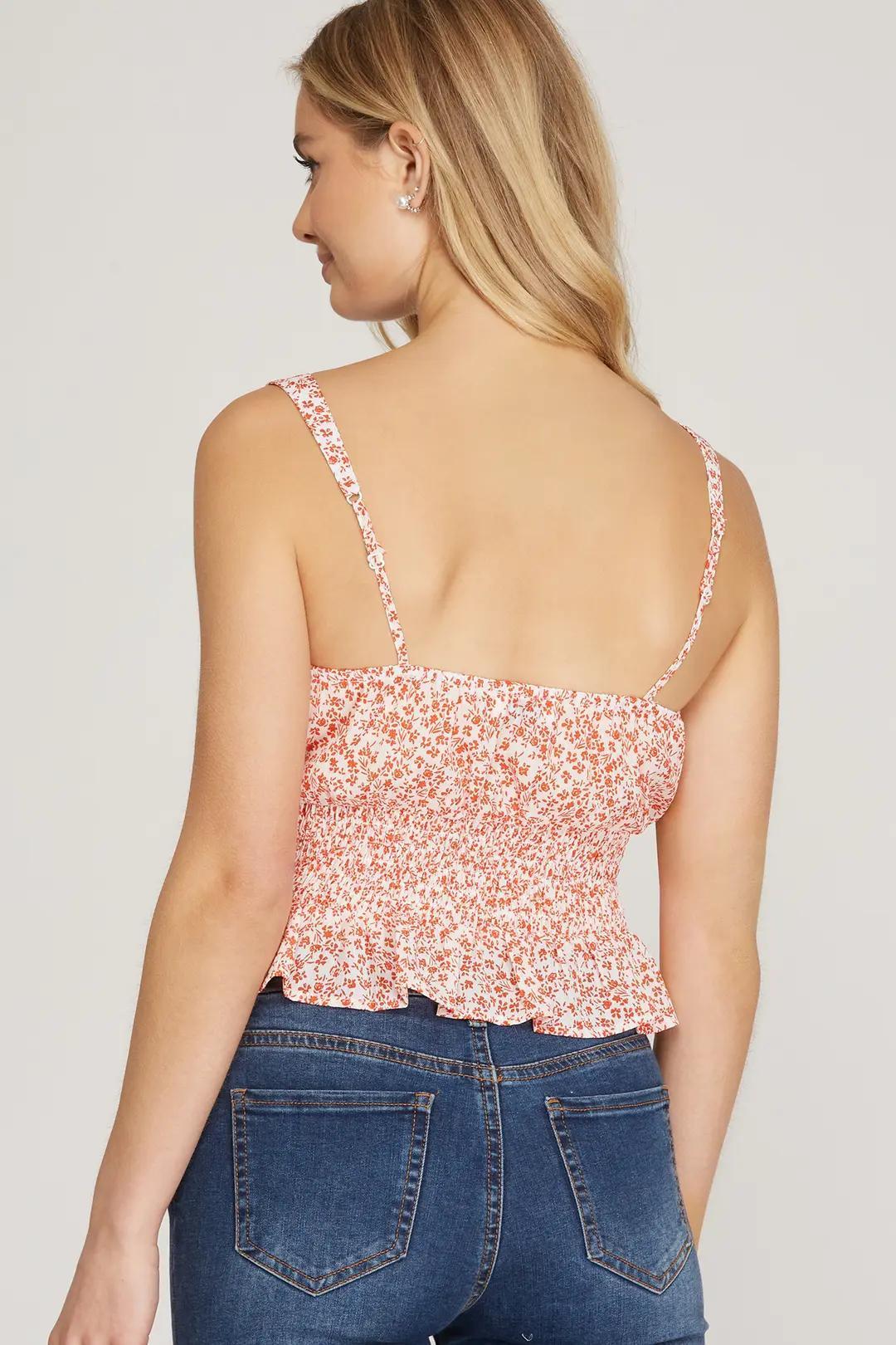 Sleeveless Woven Print Smocked Peplum Top