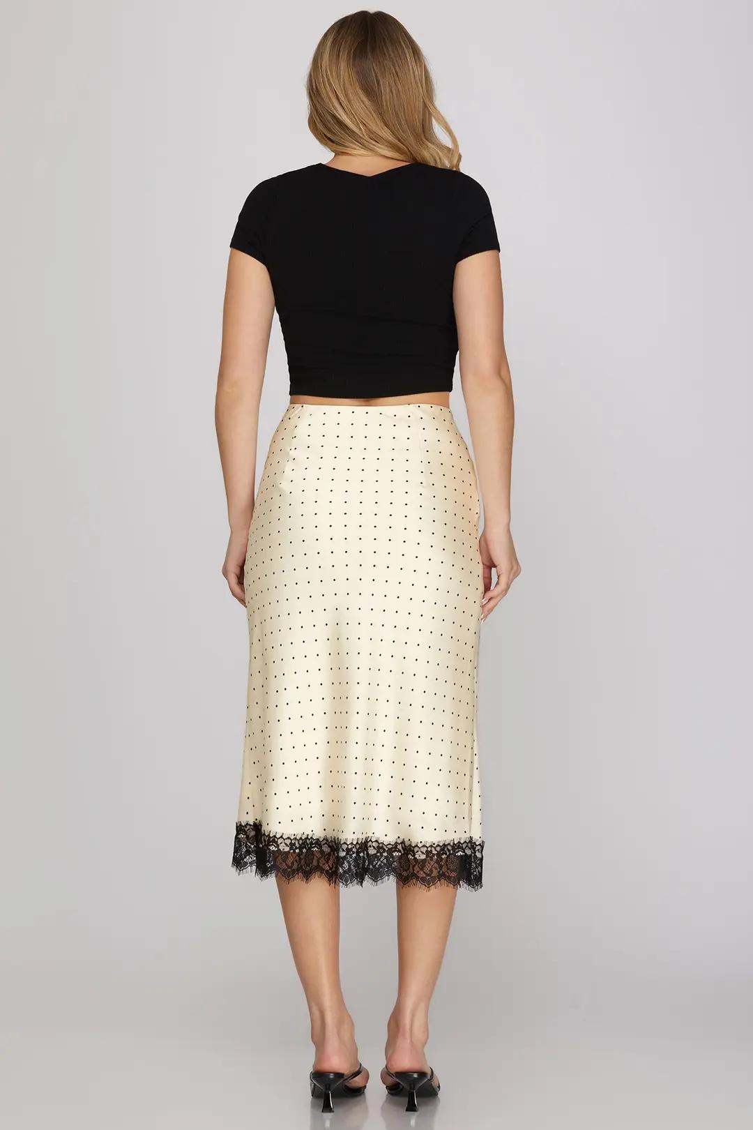Lace Hem Woven Polka Dot Print Midi Skirt