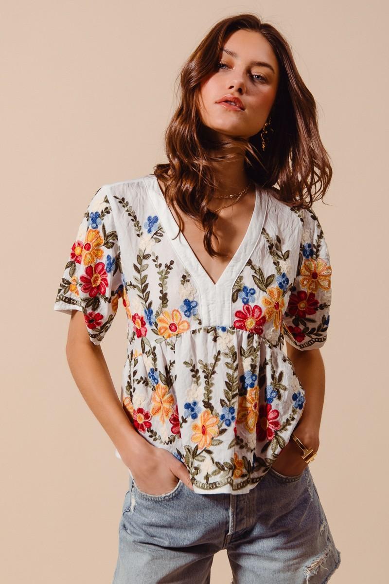 Floral Embroidered Baby Doll Blouse Top