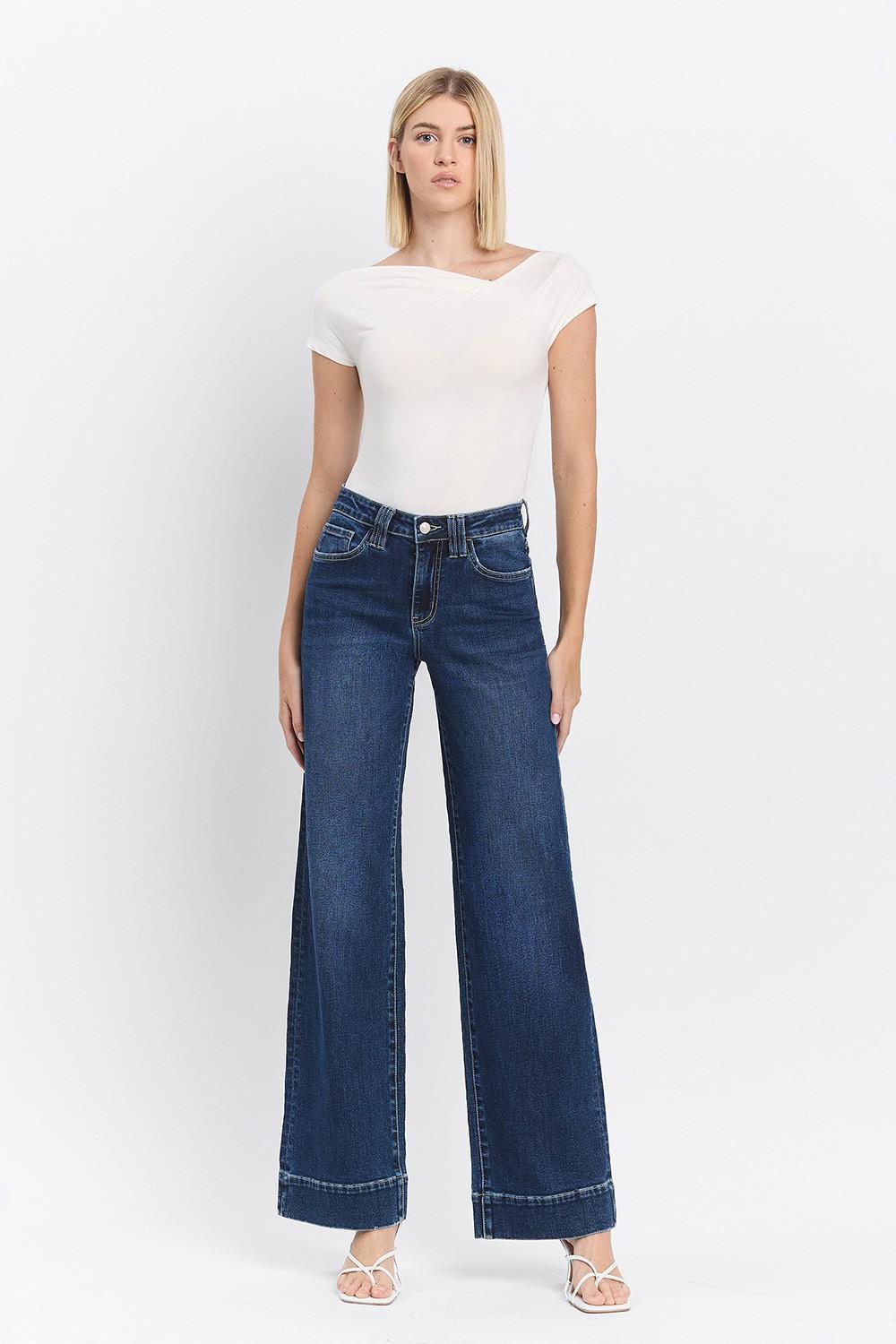 High Rise Dark Wash Trouser Hem Wide Jeans