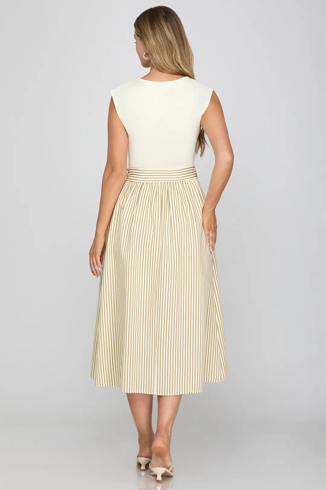 Drop Sleeve Knit and Woven Combo Striped Tiered Midi Dress