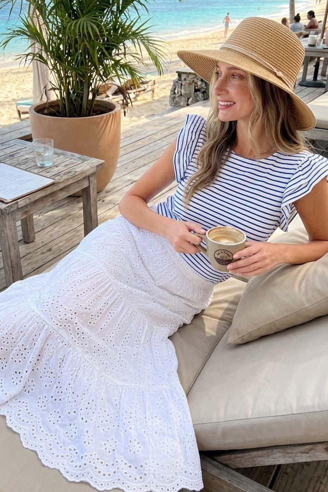 Round Neck Ruffle Detail Striped Cotton Top