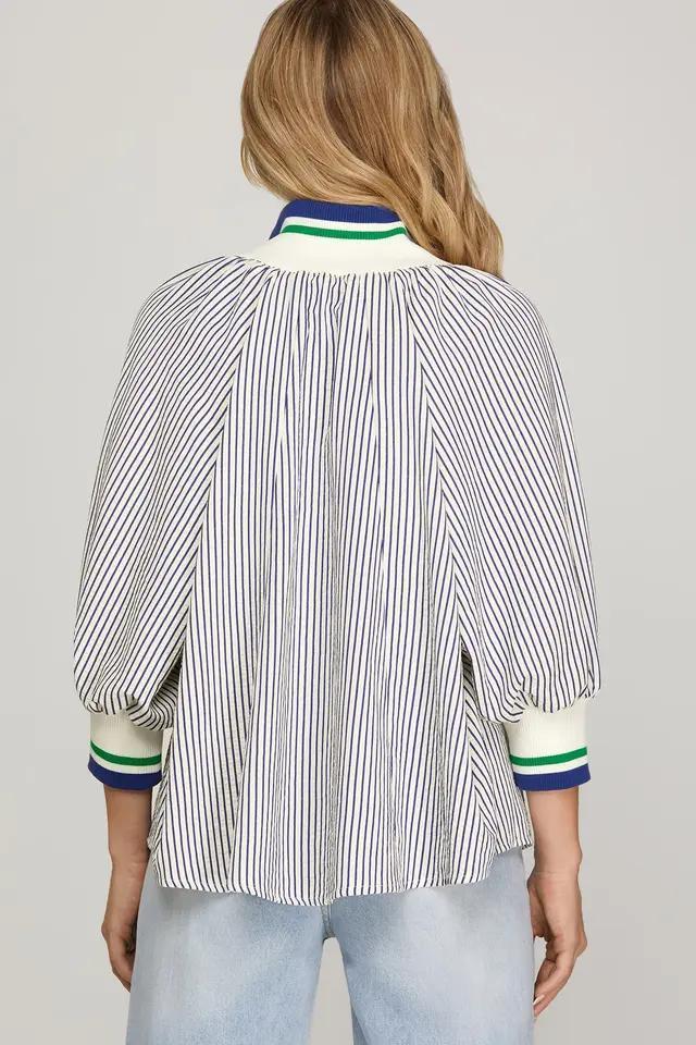 3/4 Sleeve Half-Zip Striped Top