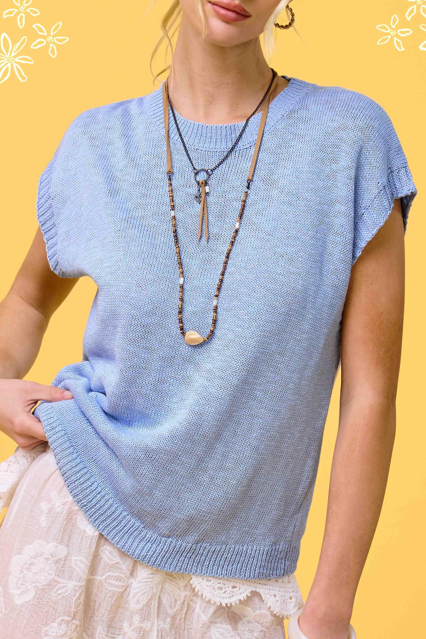 Loose Fit Sleeveless Ribbed Knit Mock Crew Neck Top