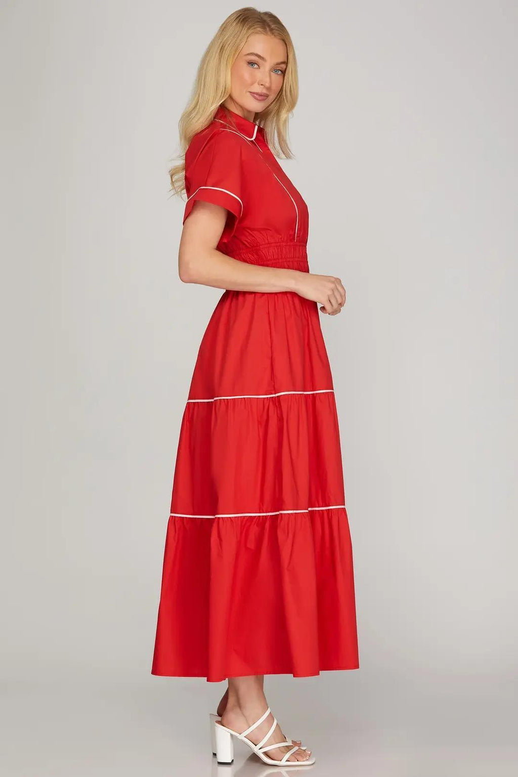 Drop Shoulder Half Sleeve Collared Top Woven Maxi Tiered Dress with Elastic Waistband, Contrast Piping, and Pockets