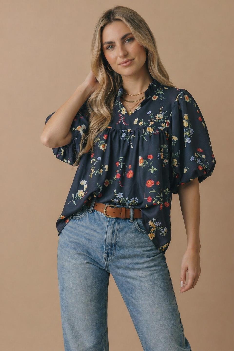 Notch Neck Floral Empire Waist Woven Top