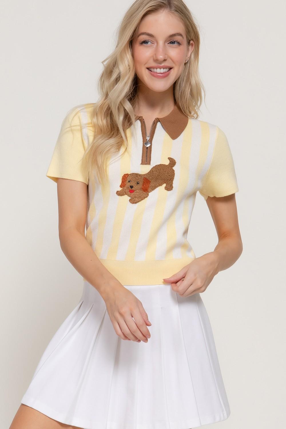 Short Sleeve Dog Frolicking Stripe Polo Top