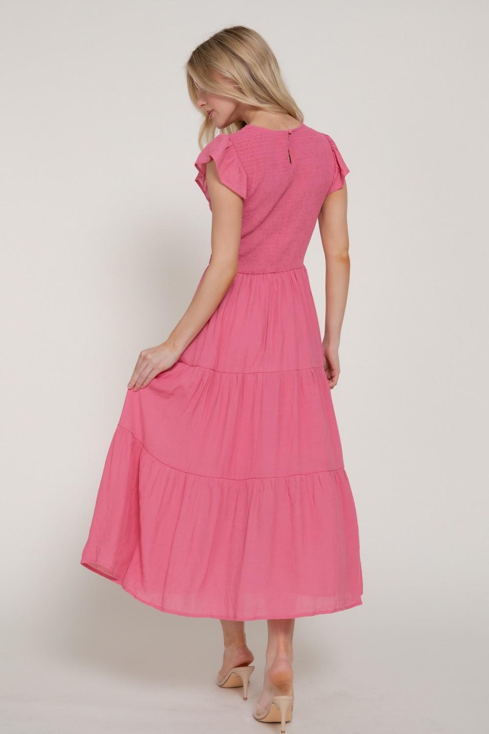 Ruffle Slv Smocked Solid Tired Dress