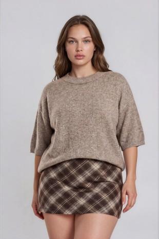 Plus Heathered Crew Neck Half Sleeve Boxy Pullover