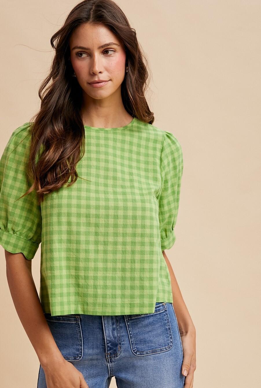 Gingham Check Scalloped Puff Sleeve Cotton Blouse