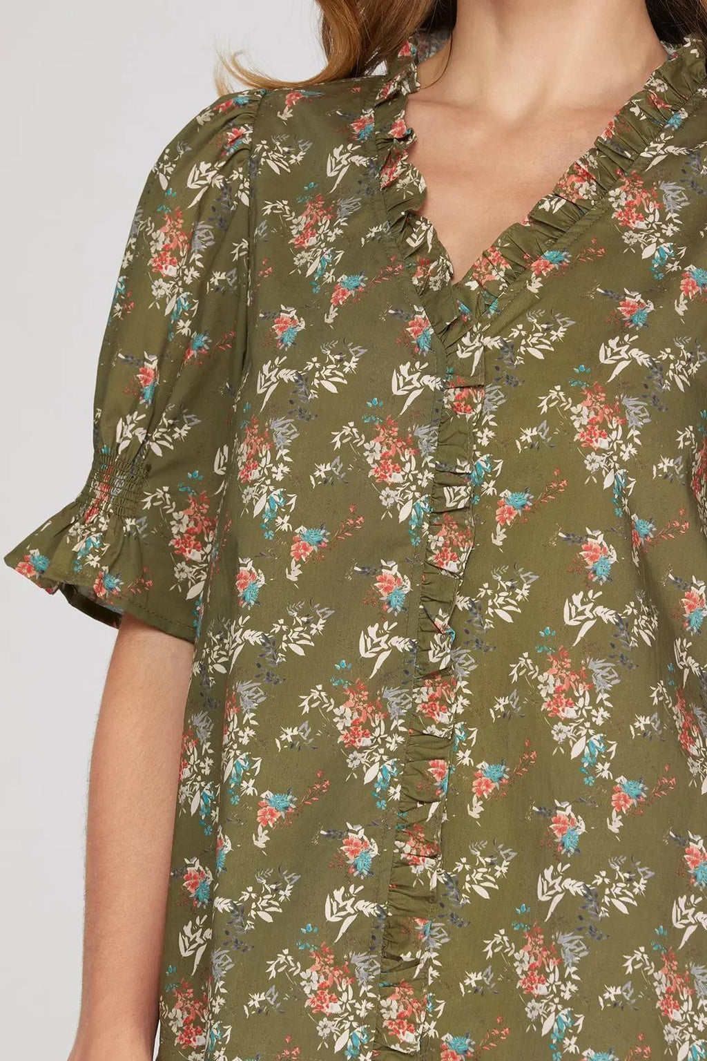 Short Sleeve Ruffled Neck Printed Top