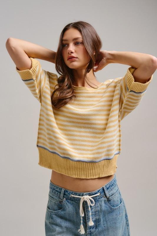 Stripe Raw Edge Detail Contrast Trim Sweater