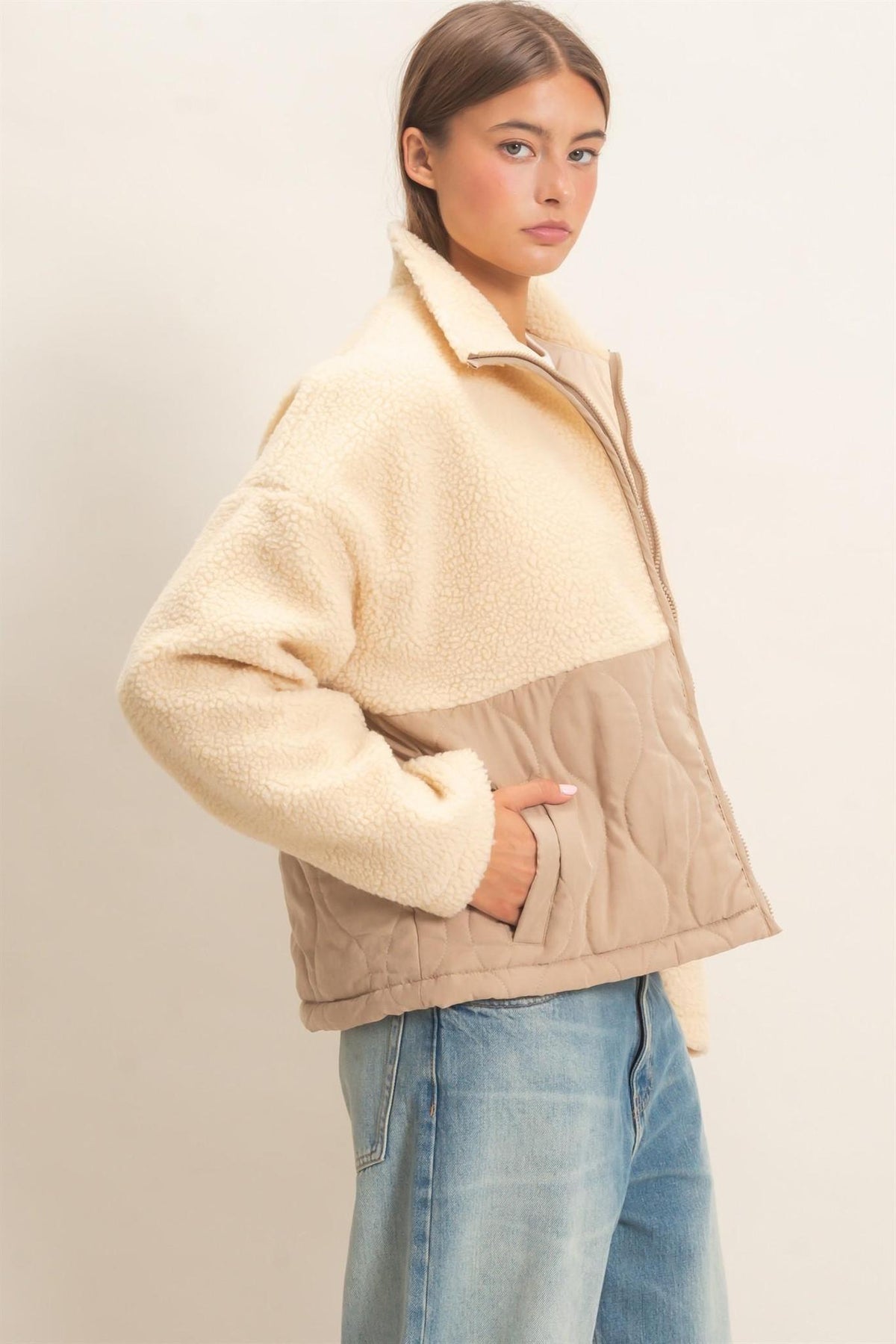 Quilted Sherpa Zip-Up Jacket