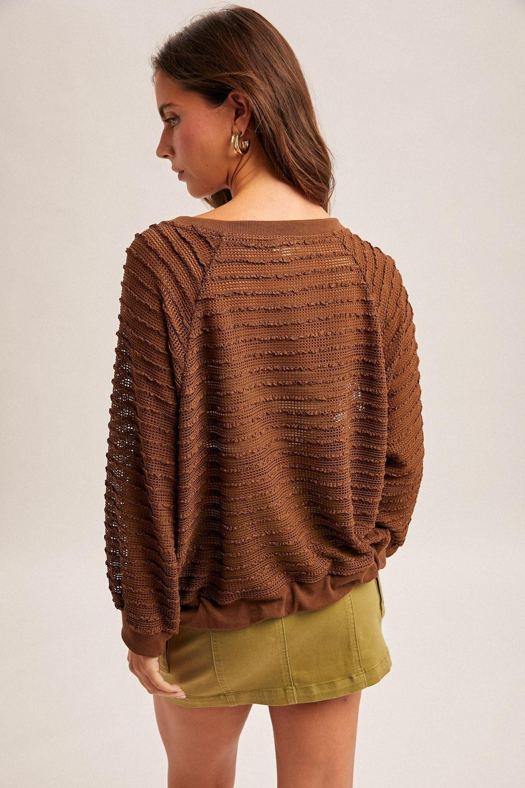 Raglan Sleeve Waist String Detail Textured Top