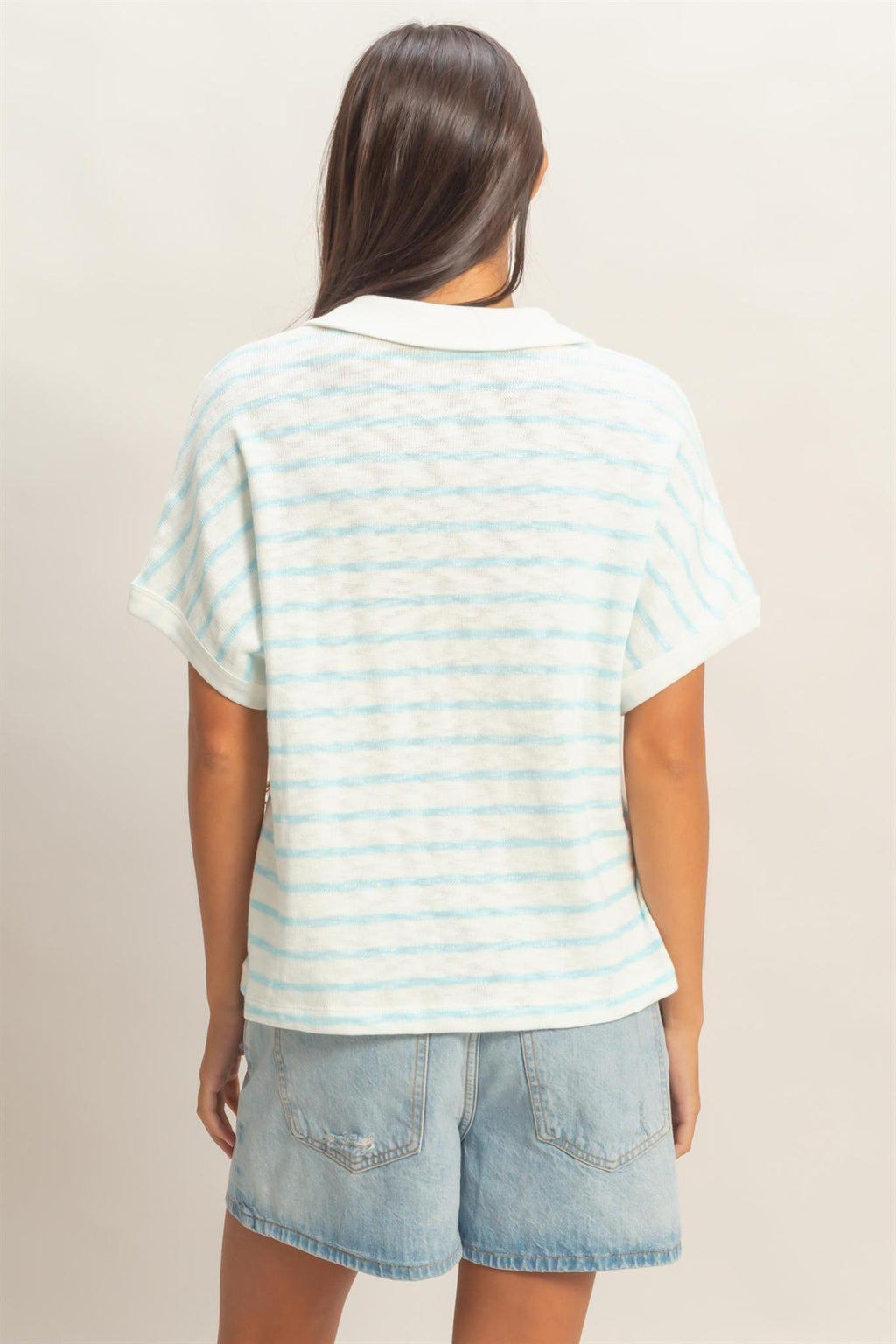 Striped Dolman Sleeve V-neck Collared Top