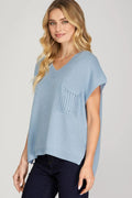 Drop Shoulder V Neck Sweater Top With Front Pocket