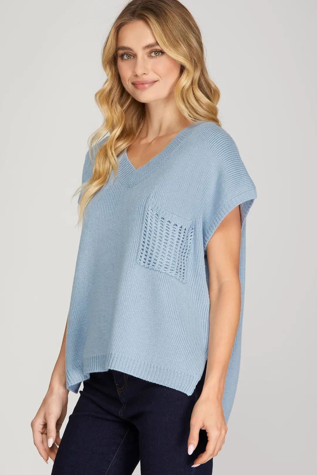 Drop Shoulder V Neck Sweater Top With Front Pocket