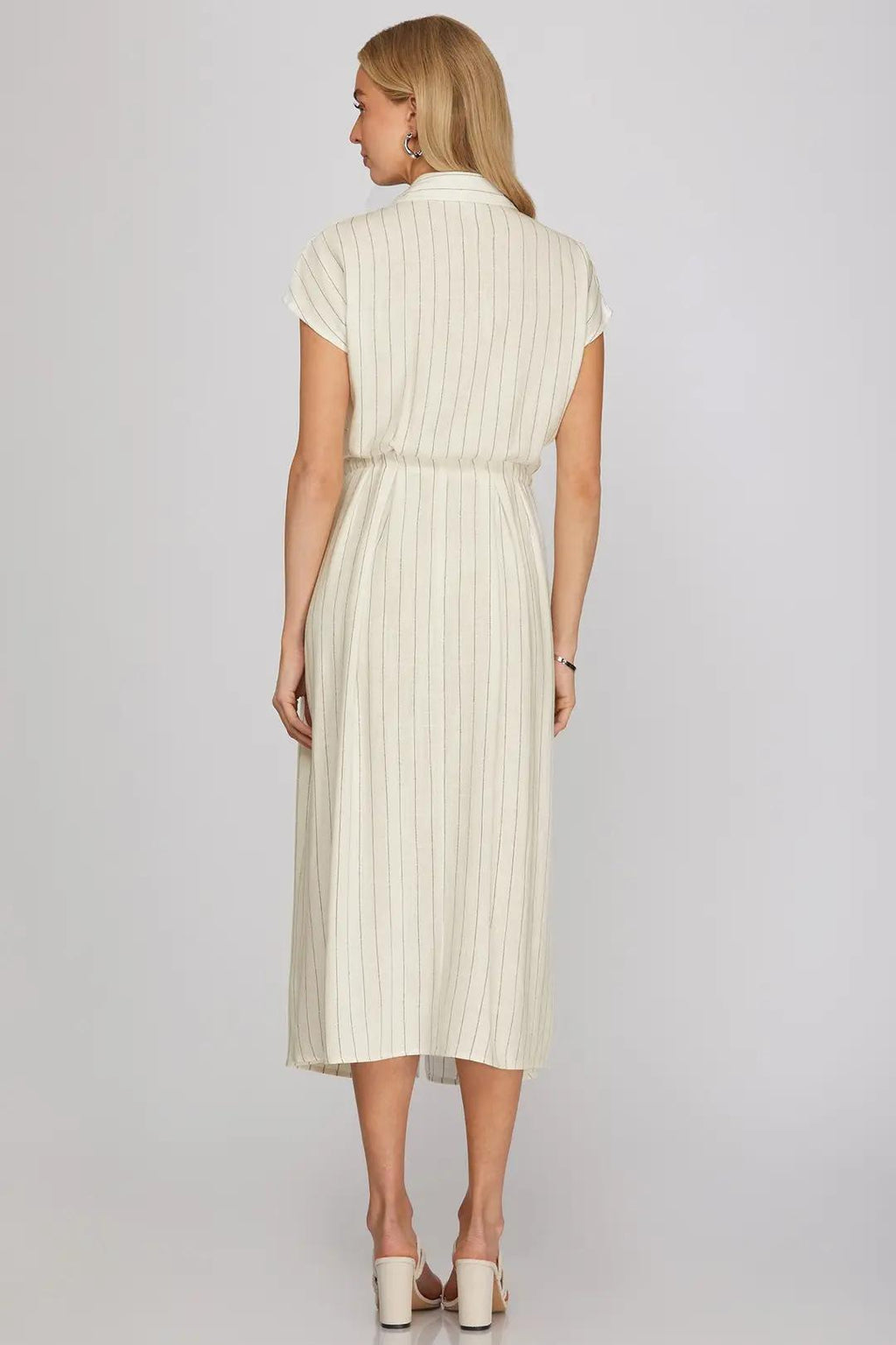 Drop Sleeve Woven Stripe Button Down Midi Dress with Waist Tie and Pockets