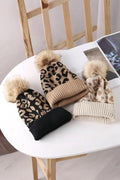 Leopard Pattern Knit Pom Pom Beanie