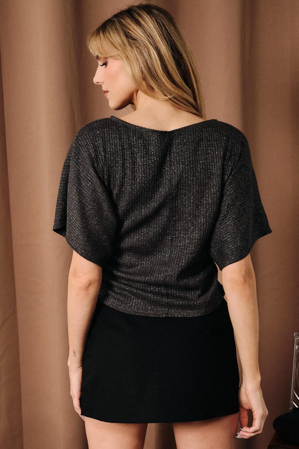 Lurex Metallic Ribbed Ruched Kimono Sleeve Top