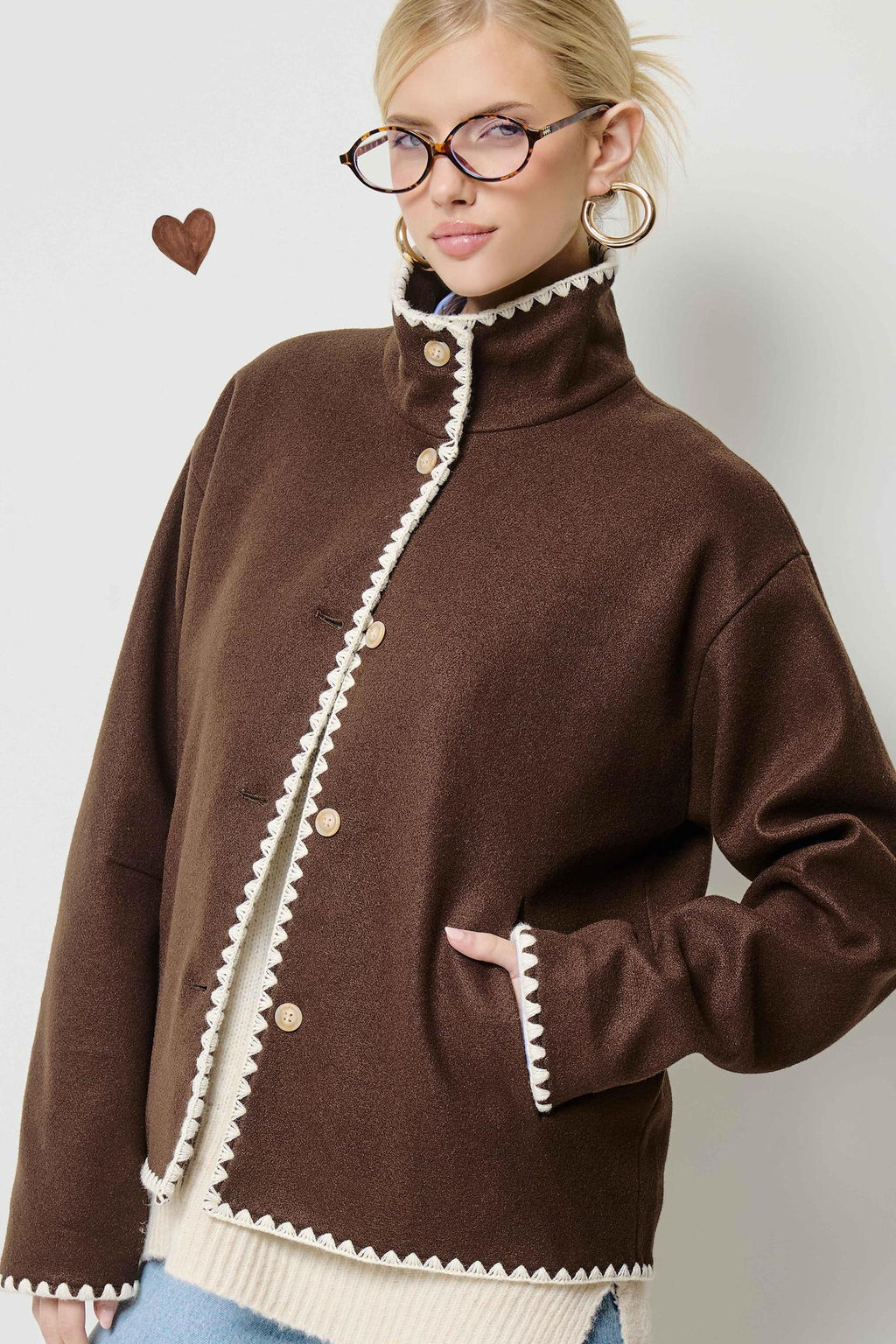 Convertible Collar Felt Jacket with Blanket Stitch