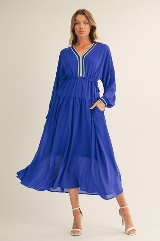Drawstring Waist Solid Chiffon Flare Midi Dress