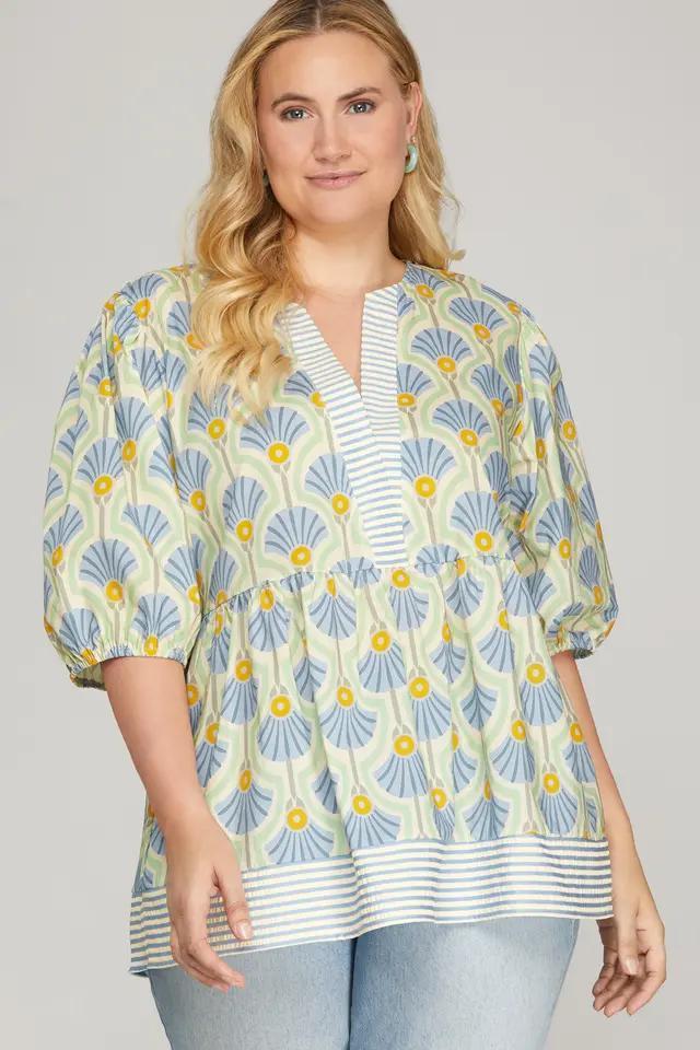 Half Sleeve Woven Print Top with Stripe Contrast Detail