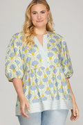 Half Sleeve Woven Print Top with Stripe Contrast Detail