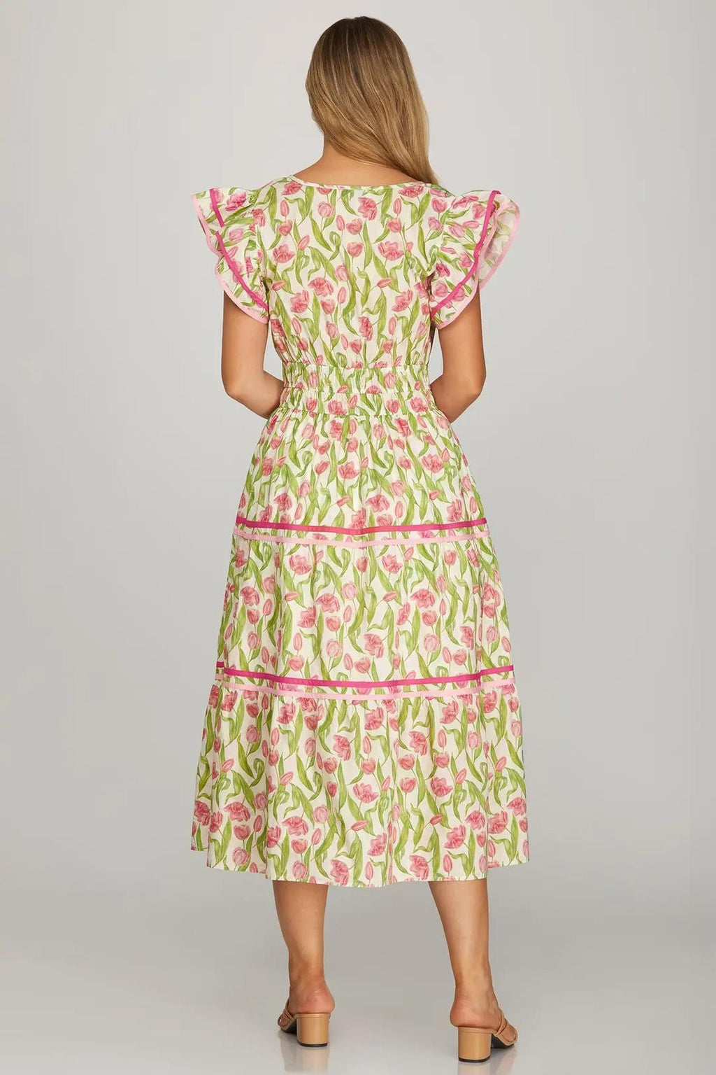 Ruffle Sleeve Floral Print Tiered Midi Dress