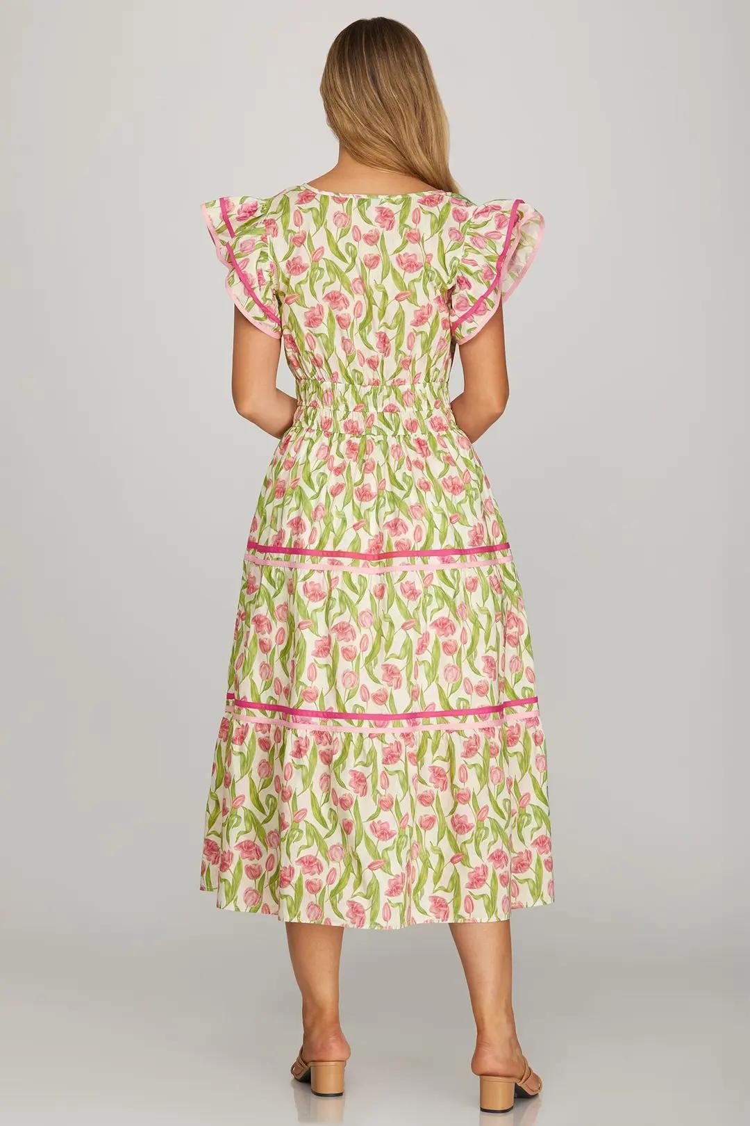 Ruffle Sleeve Floral Print Tiered Midi Dress