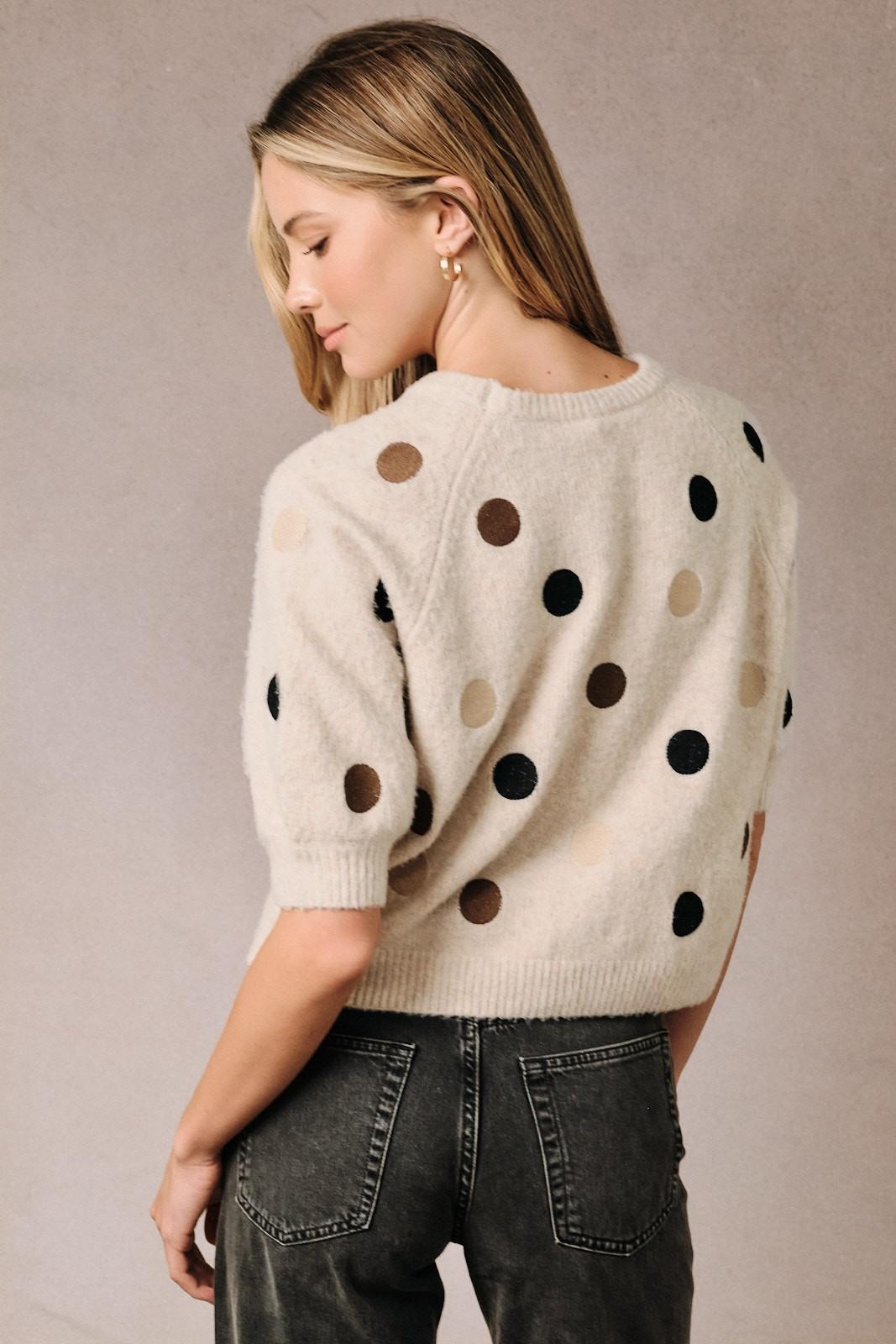 Fuzzy Polka Dot Raglan Short Sleeve Knit Sweater
