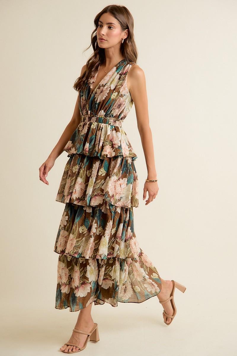 Floral Textured Tiered Maxi Lined Sleeveless Dress Brown