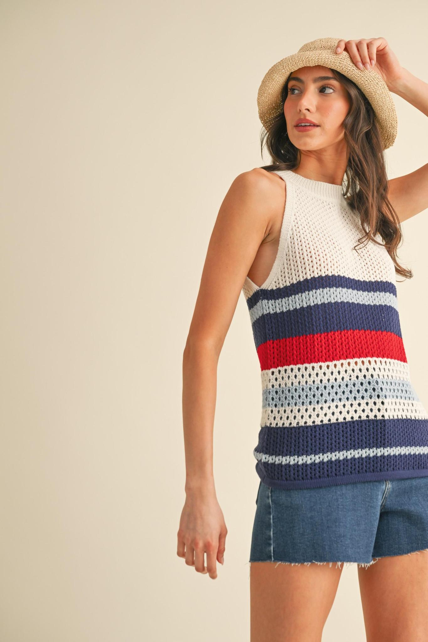 4th Of July Multi Stripe Open Stitch Halter Sweater Top