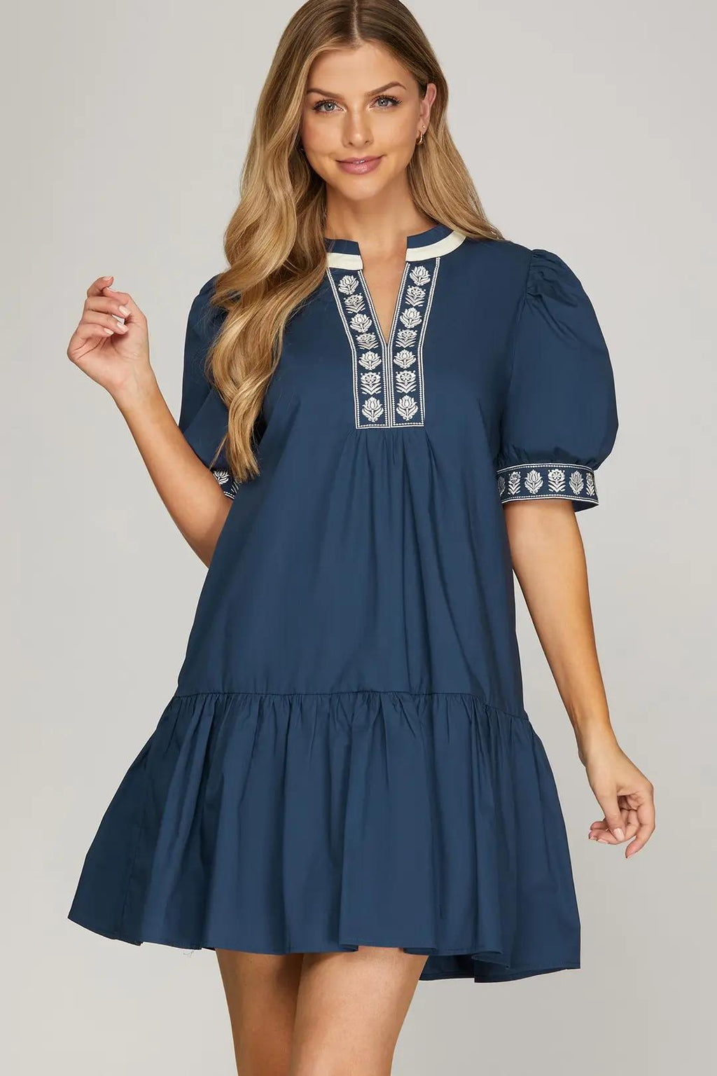Short Sleeve Embroidered Mini Dress with Pockets